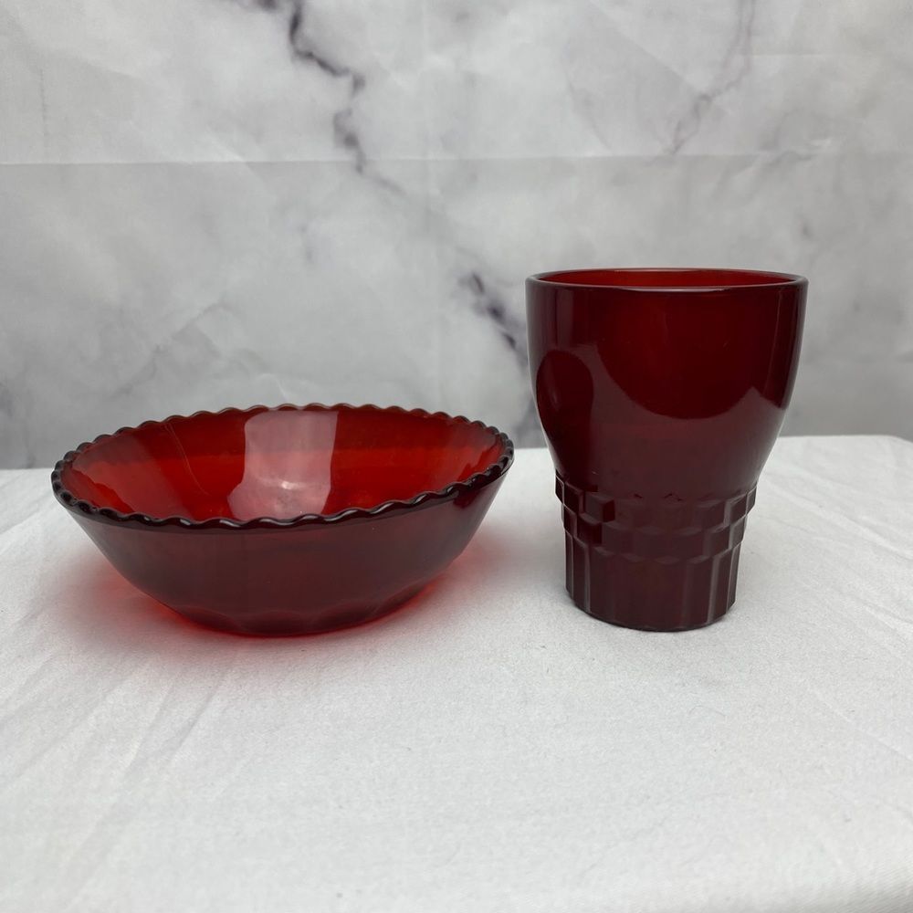 Anchor Hocking Glass Serving Bowl and Flat Tumbler Windsor Royal Red
